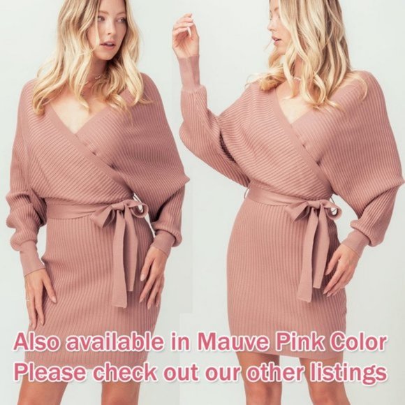 NEW Black Rib Knit Sexy Wrap V Neck Classic Little Black Sweater Dress - Picture 10 of 10